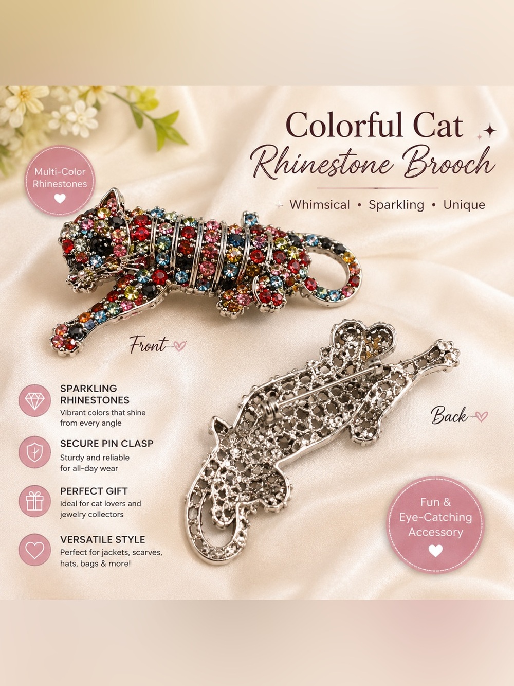 Large Multicolor Rhinestone Cat Brooch Pin – Sparkling Kitty Statement Jewelry
